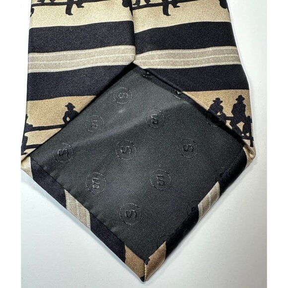 Circle Neckwear By Sidran 100% Silk Tie With Black Silhouette Design On Beige & - Picture 4 of 5